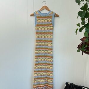 Blue and Orange Sleeveless Mock Neck Sheath Maxi Dress